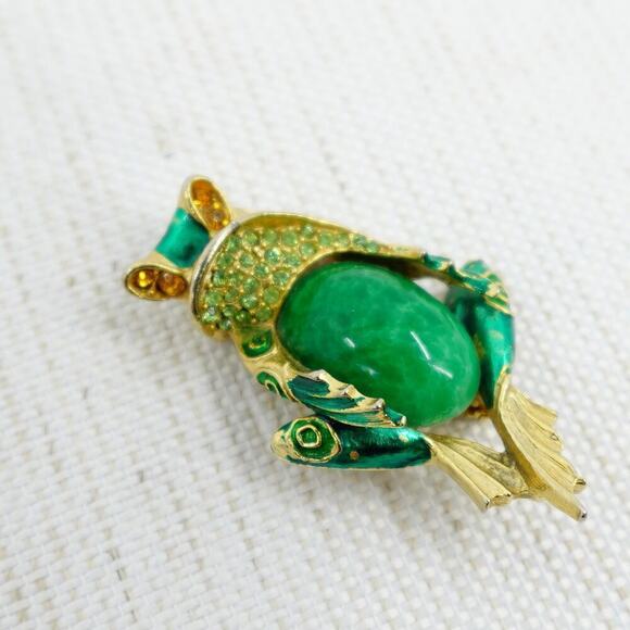 VTG Frog Brooch Green Gold-Tone Cabochon Jelly Belly Rhinestone Whimsical - Picture 7 of 15